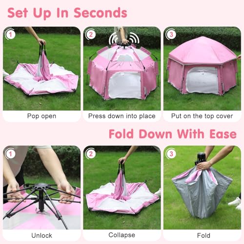 Image of Pop Up Playpen for Baby, Portable Playpen for Babies and Toddlers with Removable Sun-Shades& 2 Side UV Covers, Lightweight Outdoor Baby Play-Pen for Beach Home with Travel Bag, Pink & Gray