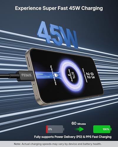 Image of FEDUS ZETTA-X8I 45W Type C to Type C Cable 1M, 5A PD PPS Super Fast Charging 2.0 Original for Samsung Galaxy S26 /S25 /S24 Ultra, iPhone 17 /16 /15 Pro, MacBook, 480Mbps Android Auto Data Sync USB C Cord