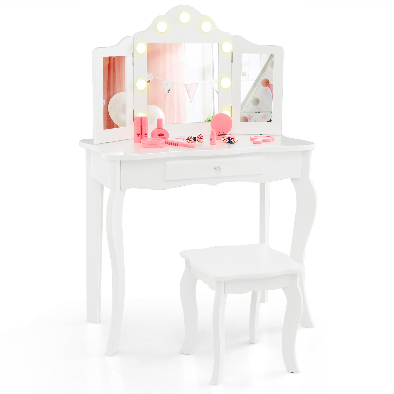 LIFEZEAL toeletta 2 in 1 per bambini con sgabello e cassetto, tavolo da trucco BIMBI con triplo specchio e 9 luci a LED in 3 modalità, antiribaltamento per Ragazzi dai 3 anni in su (Bianco)