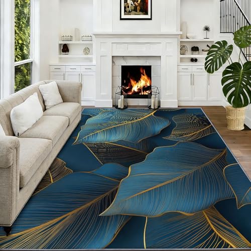 Tapis salon doux antidérapant lavable impression 3D feuilles bleues 140x200cm moderne