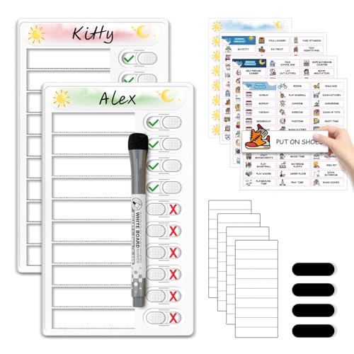 Image of Upgraded Slider Dry Erase Chore Chart for Kids, Whiteboard Magnetic Chore Chart for 2 Kids, Reusable Morning /Bedtime Routine Chart for Kid Toddlers Teens Adult, Visual Schedule for Kid with Autism