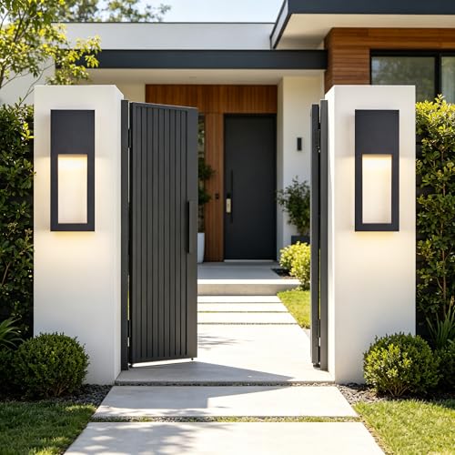 Image of 2-Pack Outdoor LED Lights Dimmable, 3000K Integrated LED 2x10W, 15 inch Modern Textured Black Outdoor Wall Sconce, IP65 Waterproof, Exterior Wall Light for Entrance, Hallway, Garage, Porch
