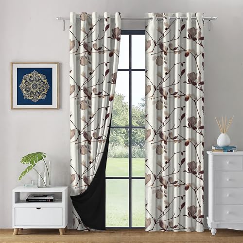 Image of LINENWALAS Printed Blackout Curtains for 7 Feet Door | Set of 2 | Printed Drapes | Thermal Insulated, Room Darkening Panels with Grommet Hanging for Living Room (Brown magnodia)