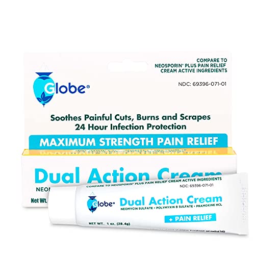 Globe First Aid Antibiotic Cream with Neomycin, Polymyxin B, Pramoxine, Soothes Painful Cuts, Burns and Scrapes, 24 Hour Infection Protection (1 Tube)