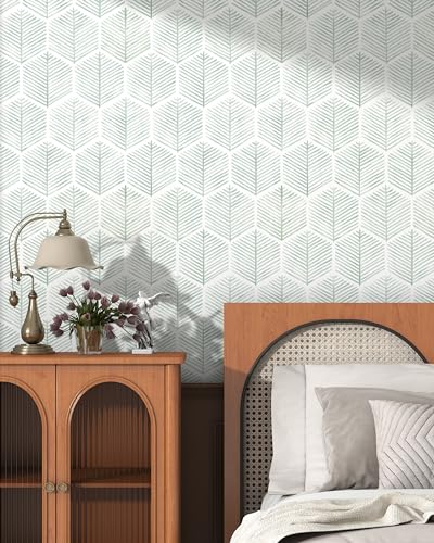 Image of OSECAGE Modern Peel and Stick Wallpaper Boho Contact Paper 17.3''x197'' | Geometric Self Adhesive Wallpaper Removable White and Green Wall Paper Decorative for Bedroom Bathroom Cabinets Decor Vinyl
