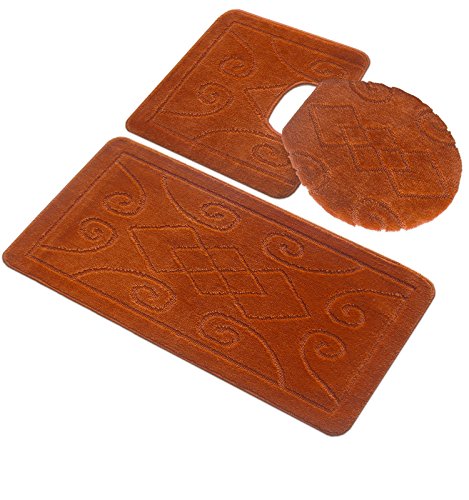 BH Home & Linen 3 Piece Premium Polypropylene Bath Rugs Set with Embossed/Tiles Design ((V) Orange)