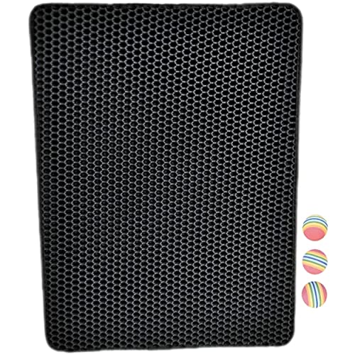 Tapis de litière pour Chat +3 Balles en mousse (60cm x 45cm, Noir) Double couche Nid d'abeille Récupérateur sable Imperméable Non-toxique Antidérapant Sans plis Cover
