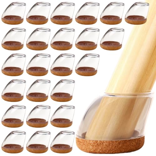 24 Stück Stuhlbeinkappen für schräge Stuhlbeine (15°–25°), 14-19mm Runde Silikon-Stuhlbeinschoner Transparent mit Filzgleiter, Geräuschlos & Kratzschutz, Verschleißfest für Holz- und Hartböden