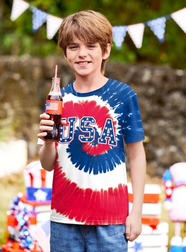 Image of BesserBay Unisex Kids 4th of July American Flag Tee Tie Dye Patriotic Short Sleeve Shirt 6-14 Years