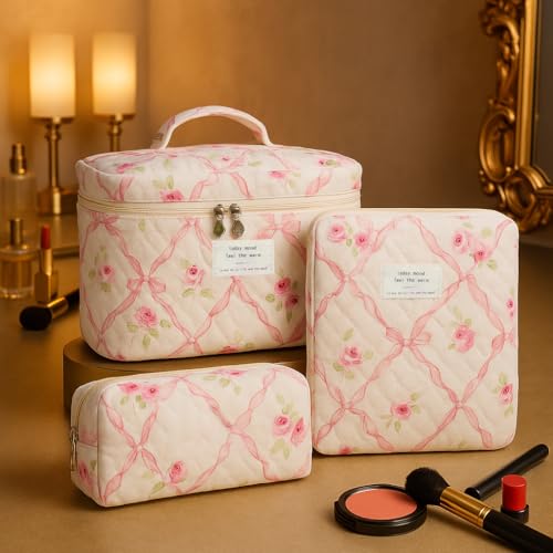 Image of Lyrovo Makeup Organizer Cosmetic Bag Quilted Large Floral Make Up Organize Set for Women Flower Travel Toiletry Bag (Pink-Bow)