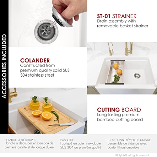 Image of Stylish 30 x 21 Inch Farmhouse Composite Granite Apron Front Workstation Kitchen Sink, Single Bowl Undermount /Flush-Mount, 10 in Deep, with Cutting Board, Colander & Strainer, White, S-830WH