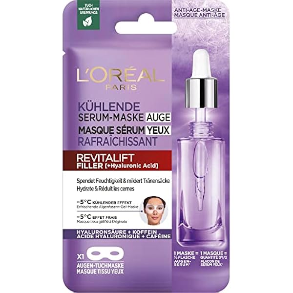 L'Oréal Paris Chłodząca maska na oczy dla promiennego obszaru oczu, z 0,5% kwasem hialuronowym i 0,5% kofeiną, maska na oczy Revitalift Filler, 1 sztuka