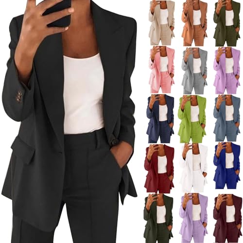 Womens Pant Suits Long Sleeve Business Casual Outfits Solid Blazer Suits Set Dressy Two Piece Pants Suit Sets