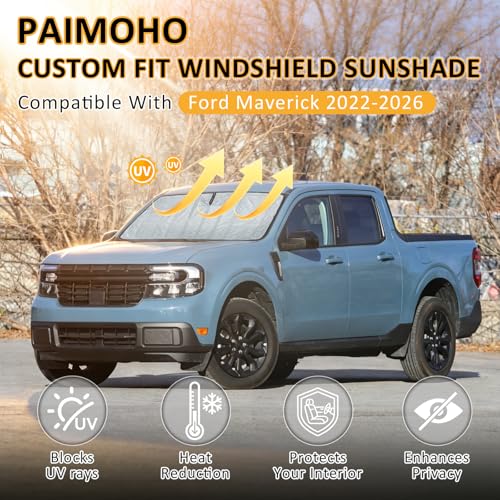 Image of Thickened Windshield Sun Shade for Ford Maverick 2022-2026 | Accordion Front Window Sunshade Aluminum Reflective UV Protection Shield, Foldable Sun Visor with Storage Bag Car accessories