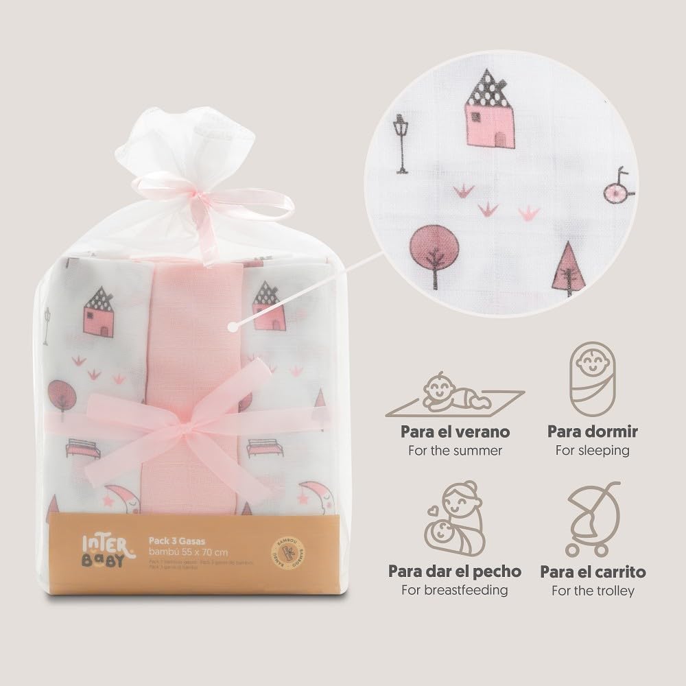 INTERBABY Set di 3 Mussole di Bambù MOON rosa per neonati 55x70 cm