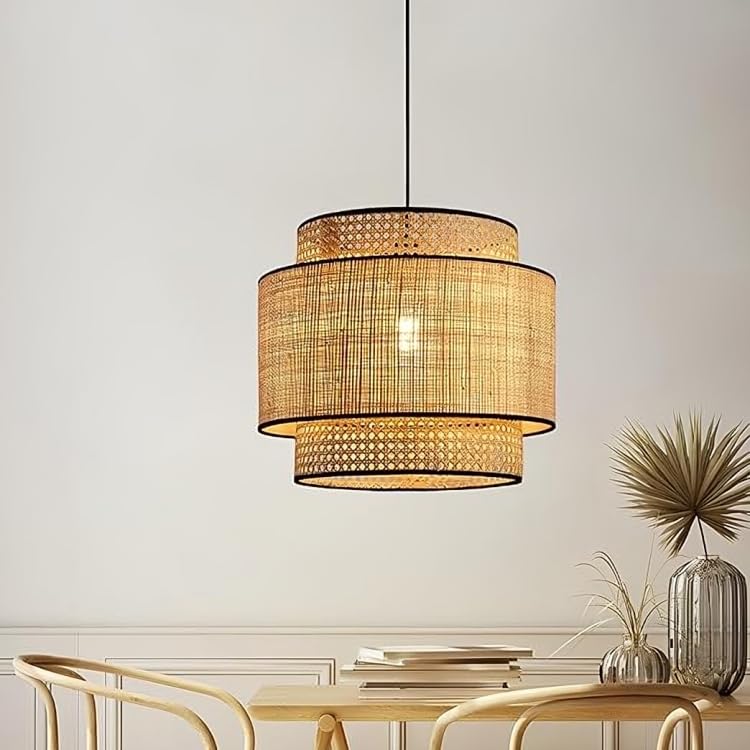 Image of AJ Cane Store Rattan Cane Webbing Premium Ceiling Light Hanging Pendant lamp for Indoor Lighting (10 inch Dia x 10 inch inch Height) (Bulb not Included)