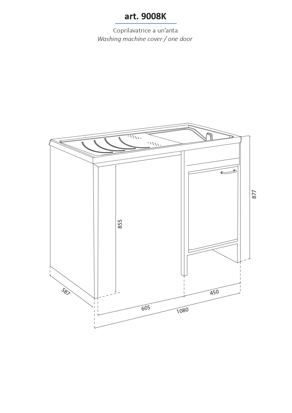 Negrari Couvre-Machine à Laver avec évier réversible 9008KAM en résine, Baignoire en PP résistant aux acides, intérieur/extérieur, Blanc, PVC, 109 x 60 x 89