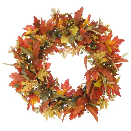 24 Inch Artificial Christmas Wreath Fall Harvest Leaf. Battery Powered Pre Lit 50 LED Mini Lights