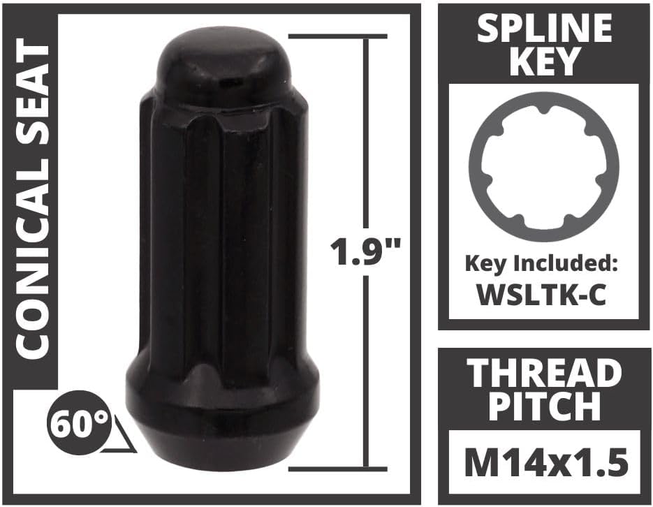 14x1.5 Bulge Acorn Spline Lug Nuts 1.9" Length - 6 Lug Kit with Key, Black, Cold Forged & Triple Plated for Maximum Strength & Corrosion Resistance, Complete Install Set for Trucks