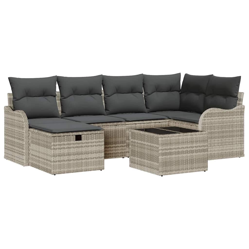 Set Divano da Giardino 7 Pezzi Grigio Chiaro Polyrattan Modulare con Cuscini, Angolare e Poltrone con Contenitore, Durevole e Leggero per Terrazza Patio Giardino Esterno Estivo 232x122x85 cm