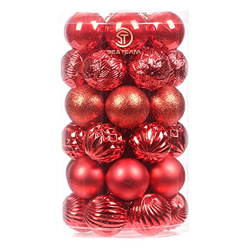 Sea Team 41-Pack Christmas Ball Ornaments with Strings, 60mm/2.36-Inch Medium Size Baubles, Shatterproof Plastic Christmas Bulbs, Hanging Decorations for Xmas Tree, Holiday, Wedding, Party, Red