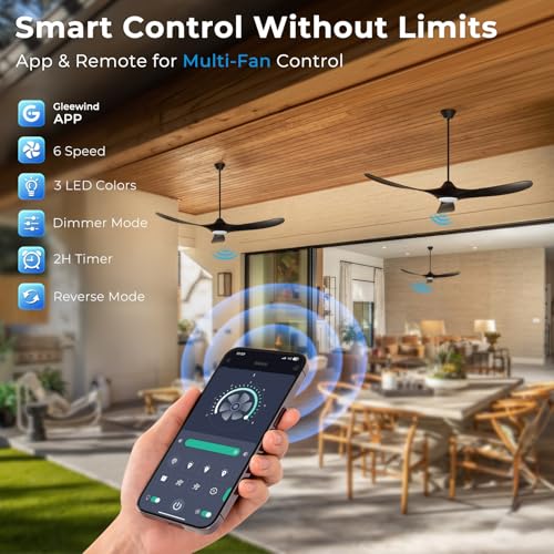 Image of Outdoor Ceiling Fans with Lights-Glass Lamp, 52 inch Damp Rated Wood Propeller Blades for Patios & Porch, Smart APP and Remote Control, 3 Blades Dimmable LED Ceiling Fans, High CFM 6 Speed-Black