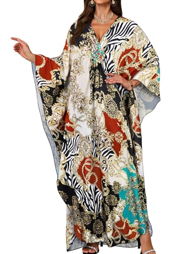 florynova Kaftan Dresses for Women Ladies Swimwear V Neck Kaftans Summer Beach Cover Up Boho Maxi Dress(Blue Red Chain)