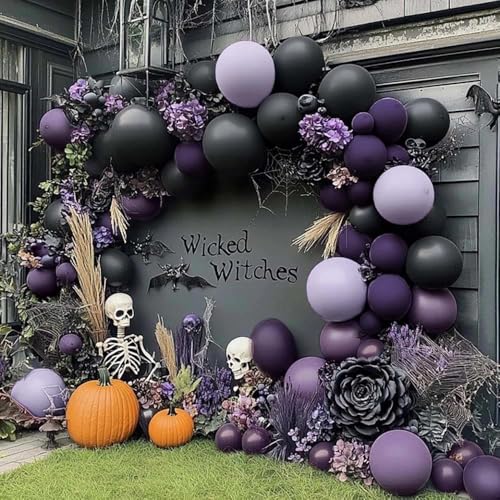 Image of Black Purple Balloon Arch Kit Double Stuffed Dark Purple Black Balloon Garland for Halloween Ghost Witch Birthday Baby Shower Anniversary Party Decorations