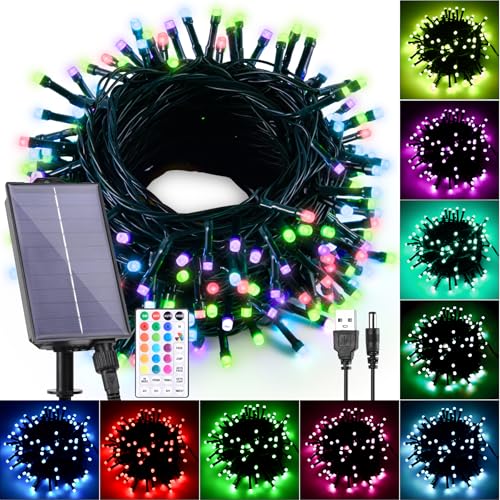 Solar String Lights Outdoor Waterproof 40Ft, 18 Colors Changing 100 LED Christmas Lights Solar Powered & USB with Remote - Detailed View