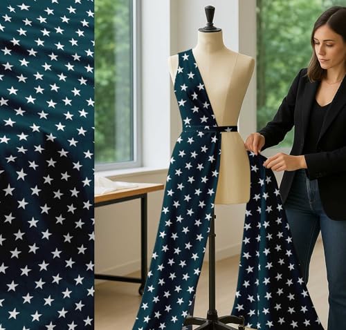 Image of Soimoi Blue Cotton Poplin Fabric Stars Star Fabric Prints by Meter 42 Inch Wide