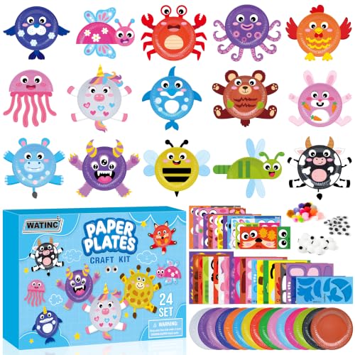 WATINC Arts and Crafts Kits for Kids, 24 Pack Animals Paper Plate (Mixed)