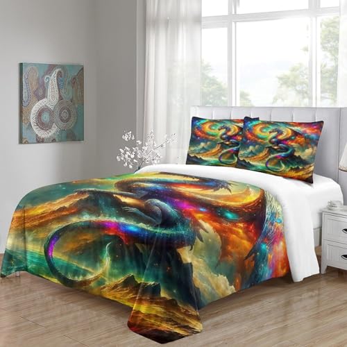 Housse de couette dragon 3D 260x220 cm en microfibre avec taies d'oreiller