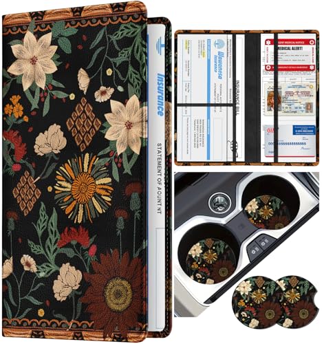 Slohif Car Registration and Insurance Holder - Boho Vehicle Glove Box Organizer Women with Magnetic Shut Leather Automobile License Holders Coasters Auto Accessories Case for Document