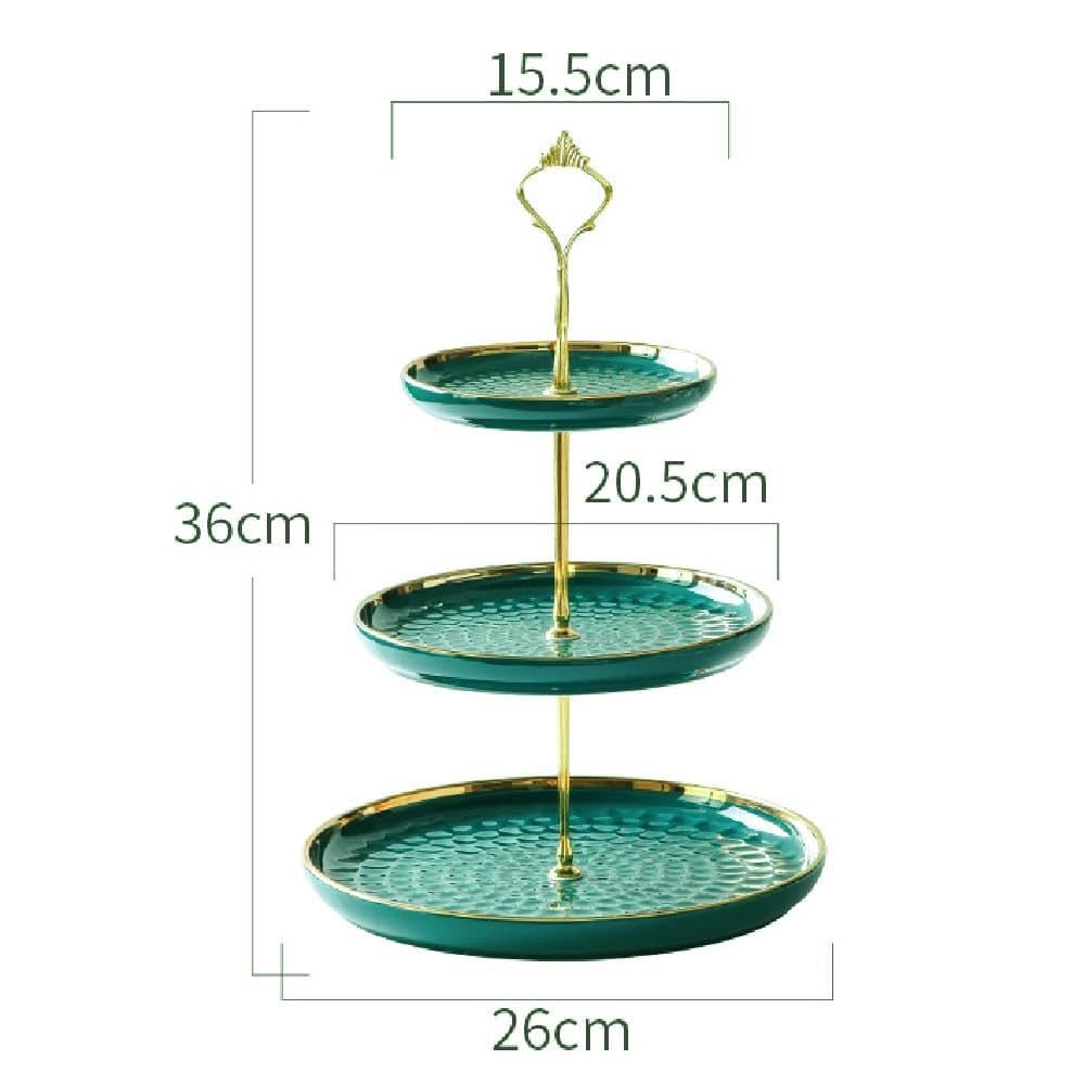 Eidoct Plateau à 3 étages rond en porcelaine, présentoir à gâteaux, support à desserts, plateau de service, plat pour thé, mariage et anniversaire (vert)