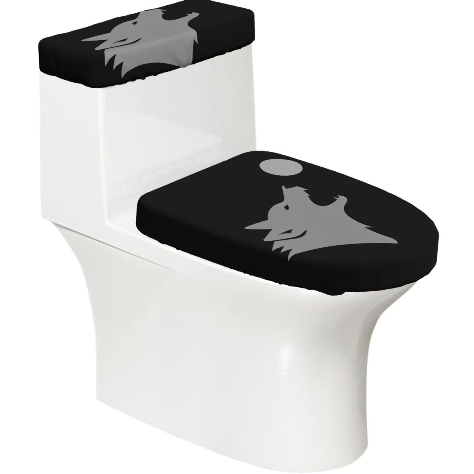 Wolf Howl Side Elastic Toilet Cover Set of 2-Stretchy Lid and Tank Covers for Bathroom, Soft Washable U Shape Toilet Decor