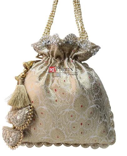 Image of MILAN'S CREATION Pure Banarasi Potli Silk Brocade Bag Purse Drawstring Women's handbag with Pearl Handle & Tassel Weddings