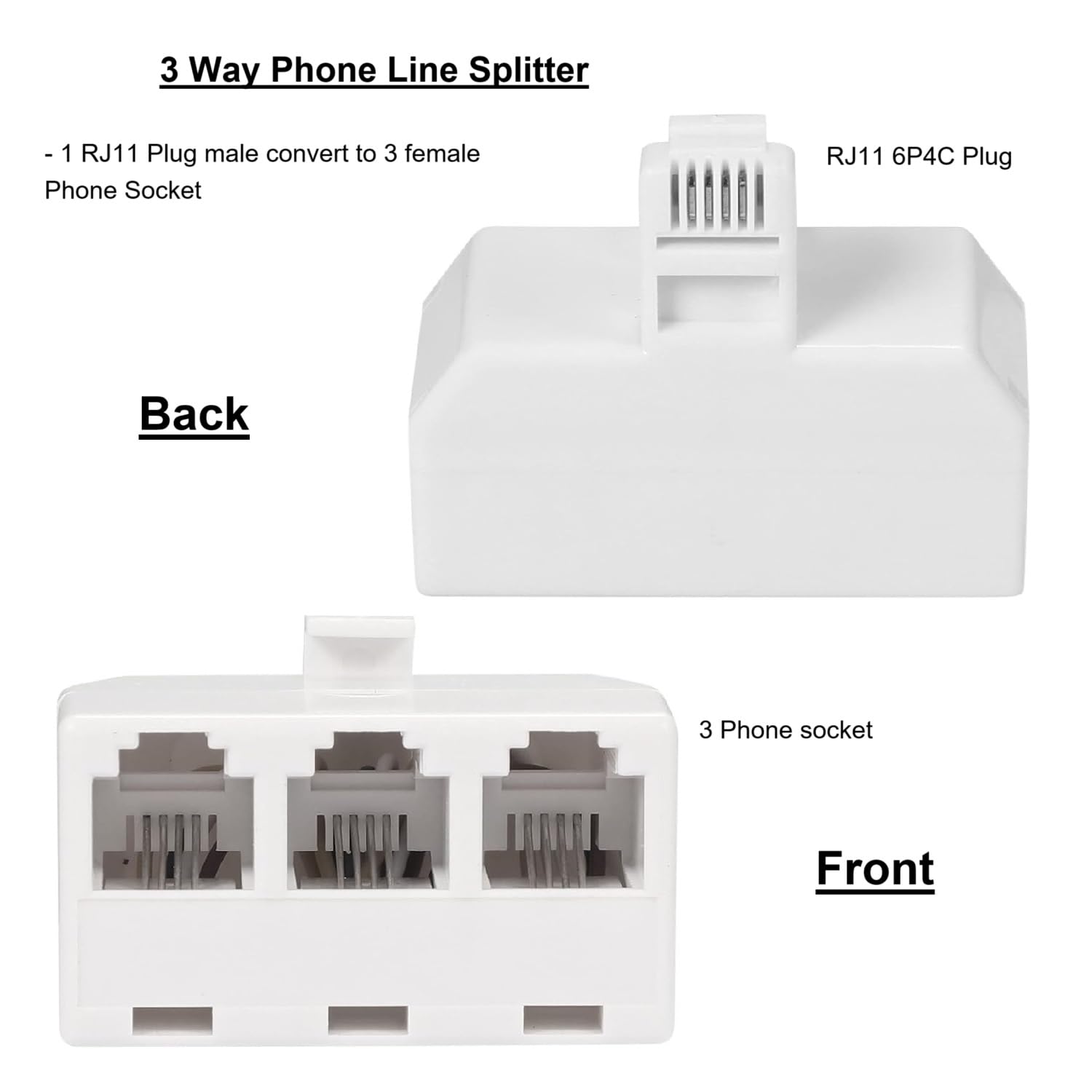 3-Wege-Telefon-Splitter-Wandstecker-Adapter, 4 Stück, weiß, 1 Stecker auf 3 Konverterkabel, RJ11 6P4C Telefonadapter und Trennwand für Festnetz auf Wandbuchse, für Telefon, Fax, Modem