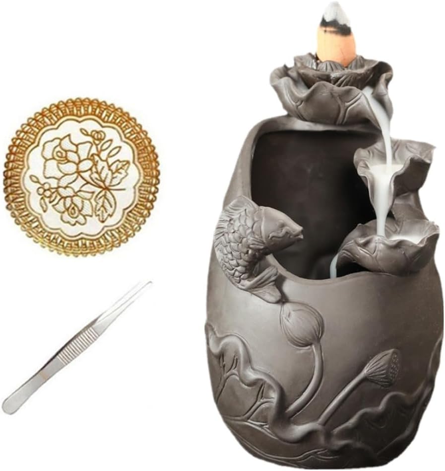 Purple Sand Backflow Incense Burner Koi Carp Decoration Handmade Smoke Incense Holder Aromatherapy,Meditation,Living Room Office Decor (A)
