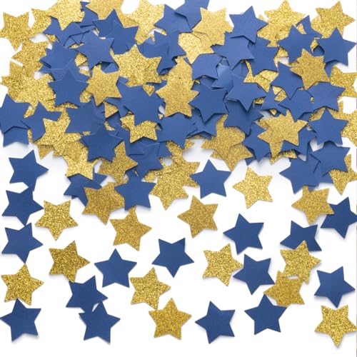 MOWO Gold and Blue Star Confetti Table Decoration for Birthday Graduation Retirement Bachelor Theme Party,1.2 inch in Diameter,200 Counts
