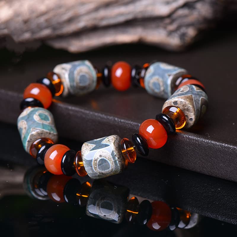 Pulsera Pulsera de cuentas Dzi de estilo tibetano, pulsera de Feng Shui, pulsera de cuentas de ágata natural, pulsera de amuleto, atraer riqueza, dinero y buena suerte, brazalete de pareja, regalo de