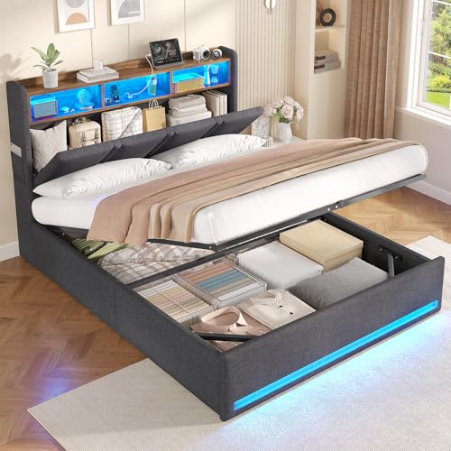 AOGLLATI Lit Coffre 140x190 avec Rangement Hydraulique, Lumières LED et