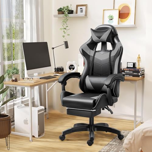 lureonthe Gaming Chair, Computer Chair with Footrest and Lumbar Support, Height Adjustable GameChair with 360°-Swivel Seat and Headrest and for Office or Gaming (black)