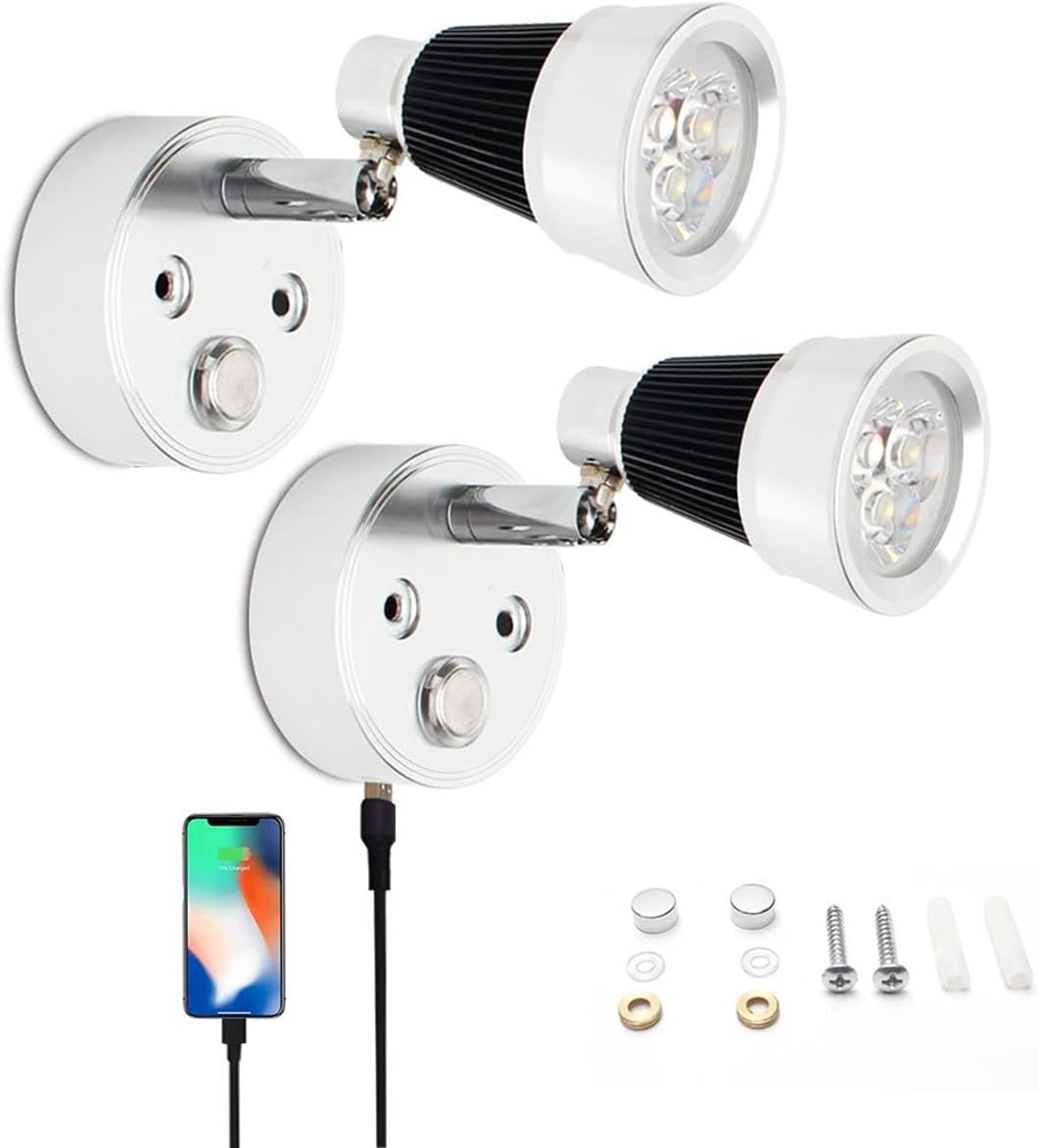 12V-24V LED Spot Reading Light with USB, 3W RV Interior Lighting Wall Lamp with Touch Dimming for Caravan Camper Van Boat Motorhome(Warm Light) (6000K)