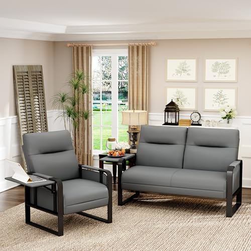 Apeaka Faux Leather Loveseat Sofa and Accent Chair, Grey 2