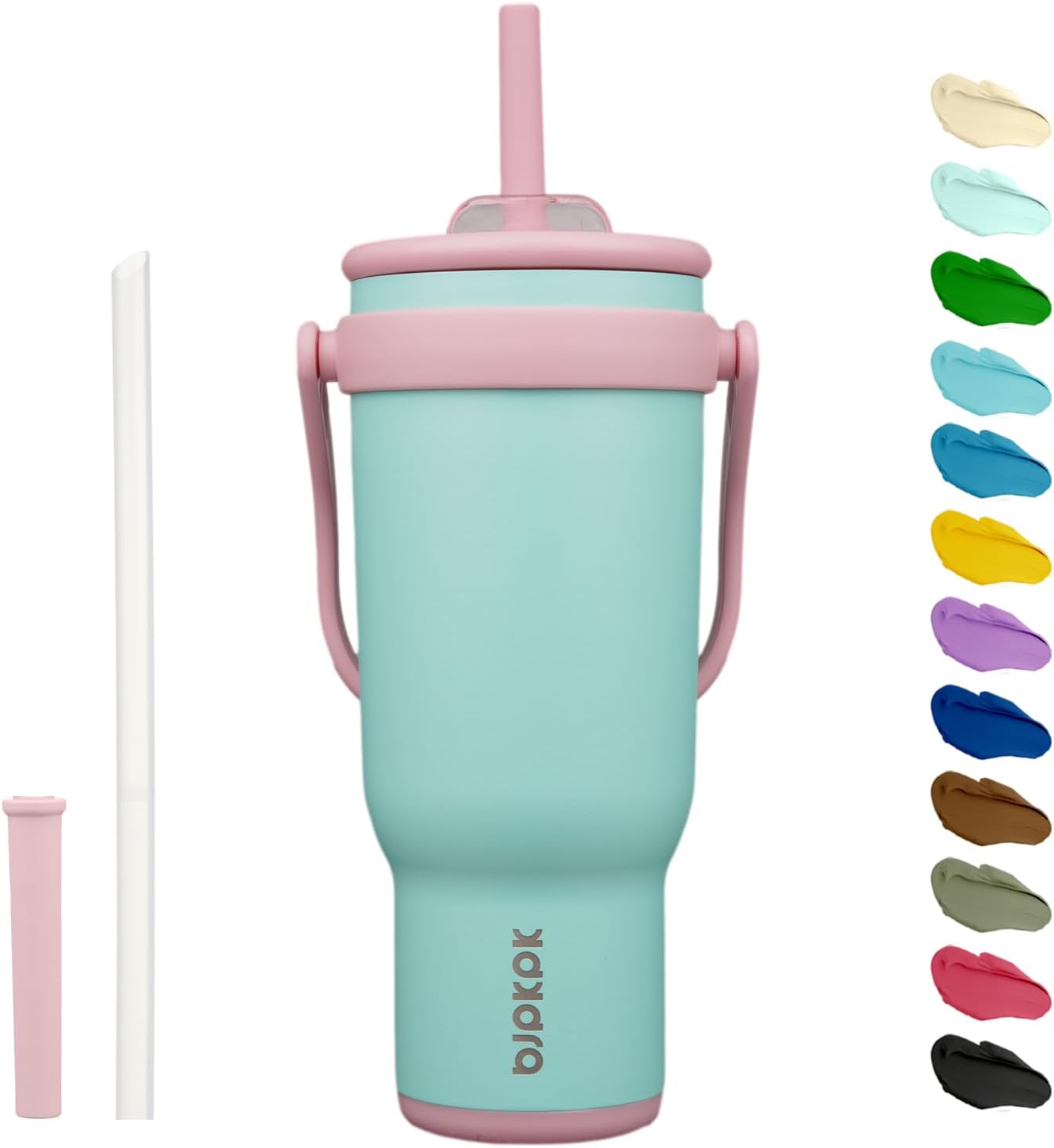 BJPKPK 40 OZ Insulated Travel Tumbler with Handle and Straw, Stainless Steel Water Bottle, Double Wall Vacuum Insulated Mug, for Work, Car, Travel, Guava