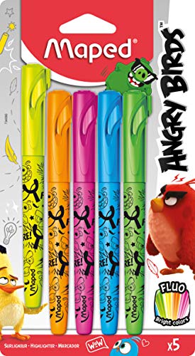 Maped - 5 rotuladores de texto ANGRY BIRDS – amarillo, naranja, rosa, azul, verde.