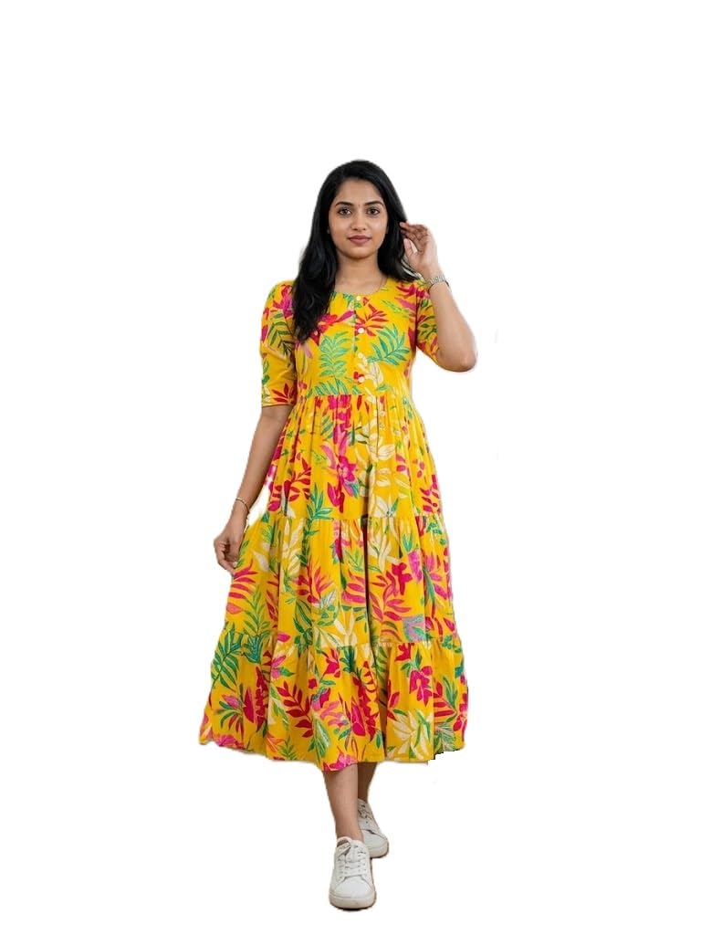 Women's Yellow Floral Printed Muslin Fit and Flare Dress – Lightweight, Soft, & Summer Maxi-image-24