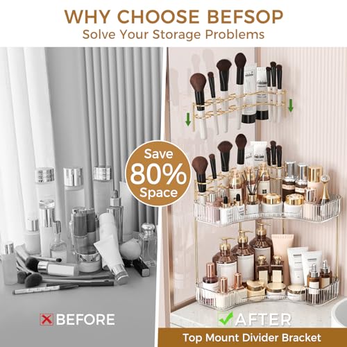 Image of BEFSOP Corner Bathroom Counter Organizer, Upgraded 2-Tier Makeup Organizer Countertop with Makeup Brush Holder, Skincare Exquisite Vanity Organizers Countertop Bathroom Storage Dresser(CLEAR)