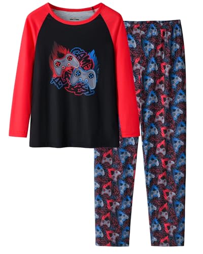 UNICABBIT21 パジャマ 男の子用 キュート ブラック ゲーマー 長袖とパンツ 寝間着 2ピース ビッグキッズ PJS 服 サイズ 6-16, 赤と黒のゲーマー, 16の商品画像（Amazon）