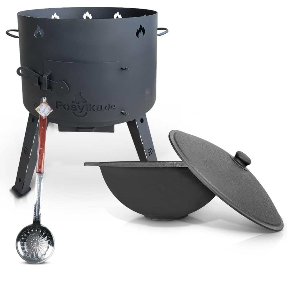 Utschak Vuuroven 36 Cm – 2 Mm Staal – Met 10L Oezbeekse Kazan, Platte Bodem, Thermometer, Schuimspaan En Pollepel – Voor Buitengebruik, Plov, Stoof, Grill